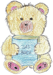 Gezeichnetes Teddybär mit blauem Buch "Das Buch"